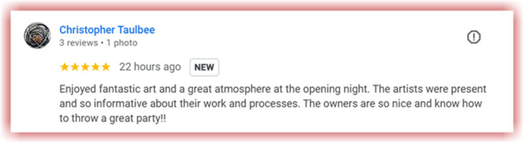 Google Five Star Review for ARTclectic Gallery